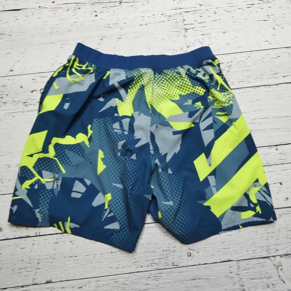 Nike‎ Swim Trunks Shorts Youth Large Blue Gray Neon Yellow Drawstring Mesh Lined